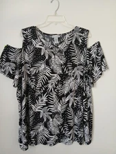 Catherines Womens Tunic Top Size 1X (18/20W) Black Tropical Cold Shoulder 