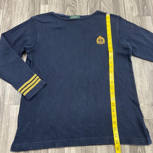Pull femme RALPH offres LAUREN logo écusson doré col bateau bleu tricot taille S