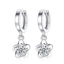 Silver Plated Dangle Dropp Flower Hoop Earrings With Cubic Zirconia For Women