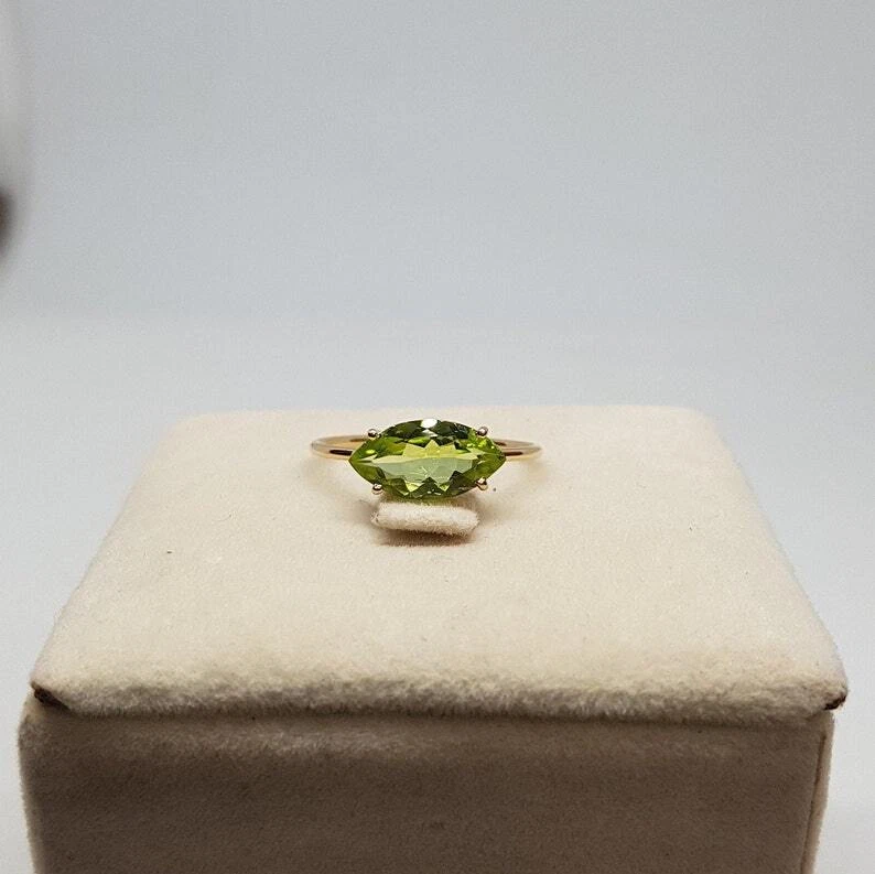 14k Yellow Gold Natural Marquise Cut Peridot Gemstone Solitaire Dainty Ring - Image 4 of 4
