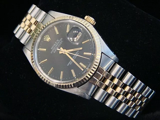Reloj Rolex Datejust para hombre de 2 tonos de oro amarillo y acero inoxidable esfera negra 16013
