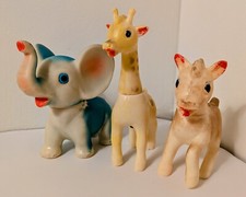 Lot of 3 Vintage Squeaky Rubber Baby Toys Elephant Giraffe Horse 1950s Japan