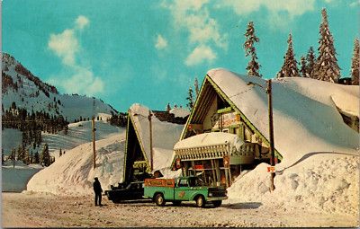Stevens Pass in Winter Cascade Mountains Washington Retro Pickup Chalet Postcard