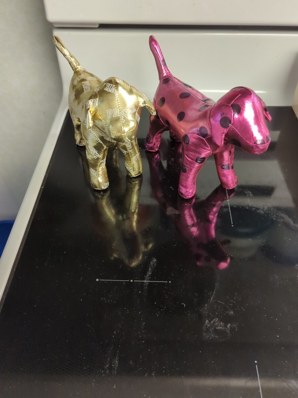2 Victoria Secret PINK Stuffed Dogs Shiny Hot Pink Black Polka Dots & Gold Dog