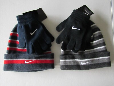 Nike Boys Youth 2 Piece Winter Stripe Beanie & Gloves Set Nwt