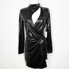Astr Label Cutout Long Sleeve Patent Wrap Minidress Gunmetal Wrap Dress Small nw