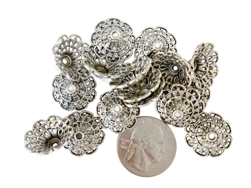 50 tapas de cuentas de flores de plata antiguas de 18 mm (se adapta a cuentas de 24 mm) suministros de cuentas Foto 4 de 4