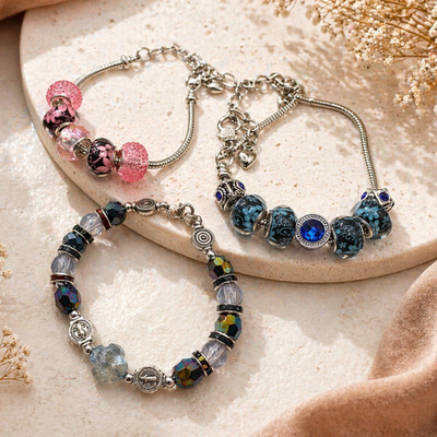 Lot of 3 Silver Tone Snake Chain Beaded Charm Bracelets Blue Pink Glass Beads