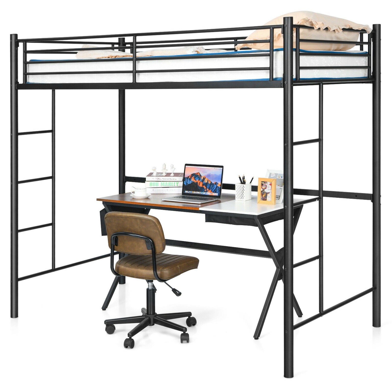 Twin Metal Loft Bed Frame w/ 2 Ladders Full-length Guardrail Space-Saving Black