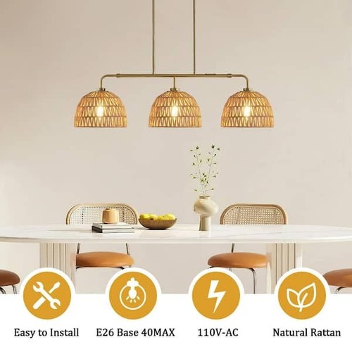 KAISITE 8023PL-03GD-TN 3-Licht Vintage Gold Boho Rattan Küche Kronleuchter Leuchte - Bild 3 von 10