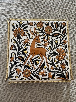 VTG Nassos Keramik Hand Painted Ceramic Deer Floral Square Wall Tile, Brown Gold