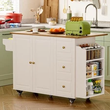 55" Kitchen Island With Storage Rolling On Wheel With Drop-Leaf Bar Countertop