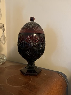 Vintage Ruby Red Luminarc Durand Candy Dish With Lid, Egg-Shaped Pedestal Dish