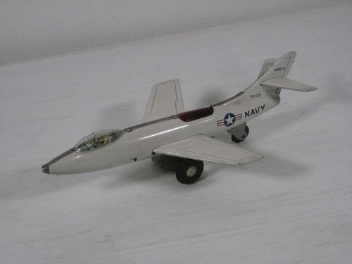 VINTAGE BANDAI JAPAN TIN FRICTION TOY NAVY JET AIRPLANE 10" LONG
