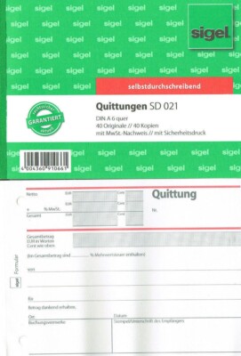 1 x Sigel Formularbuch SD021, 2 x 40 Blatt selbstdurchschreibend Quittungsblock
