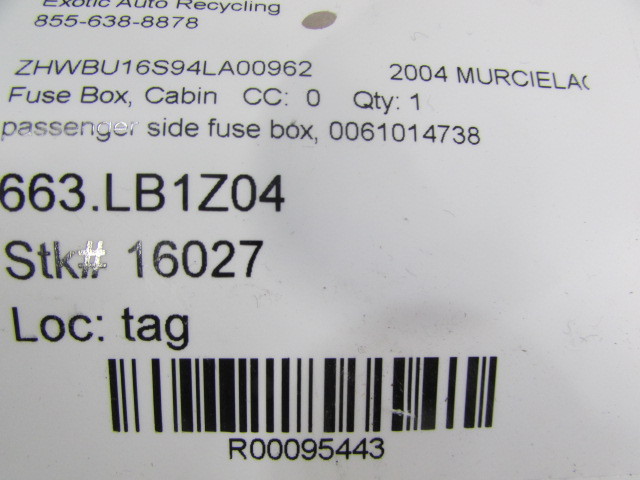 Lamborghini Murcielago, Passenger side Fuse Box, Used, P/N 0061014738