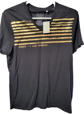 Guess Jeans Jet Black Womens Gold Strip Logo T-shirt Los Angeles Sz L NWT
