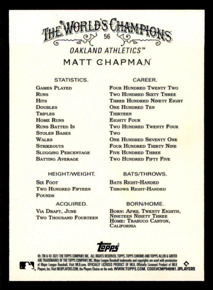 2021 Topps Allen and Ginter Chrome Refractors #56 Matt Chapman (ref Y02256) - Image 2 of 2