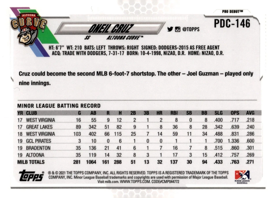 Oneil Cruz - 2021 Topps Pro Debut Rookie Card #PDC-146 - Image 2 of 2