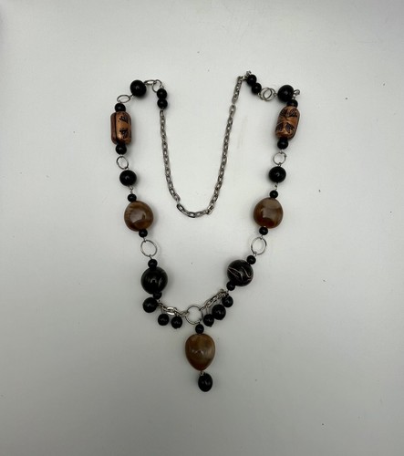 Silver & Copper Tone Necklace Chunky Black Swirl & Faux Agate Beads Boho 15” - Picture 2 of 15