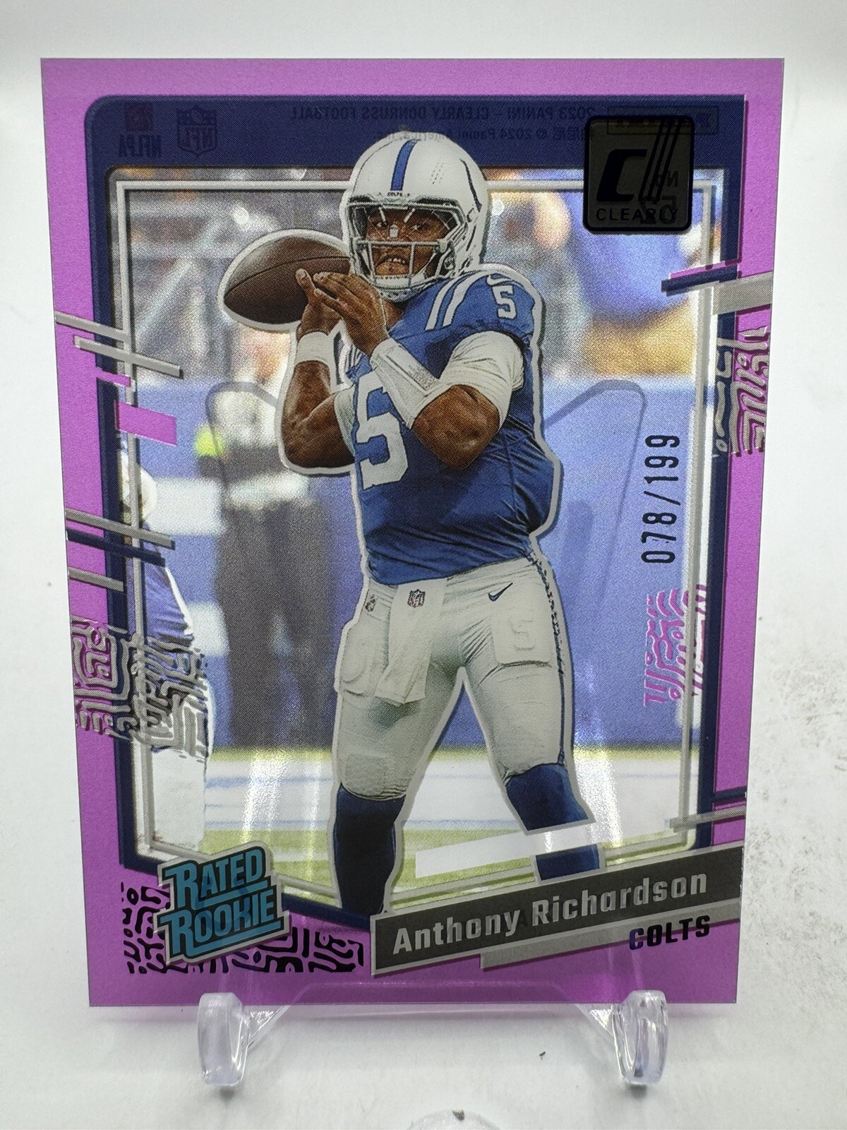 2023 Panini Clearly Donruss Anthony Richardson Rated Rookie Purple 078/199 #52