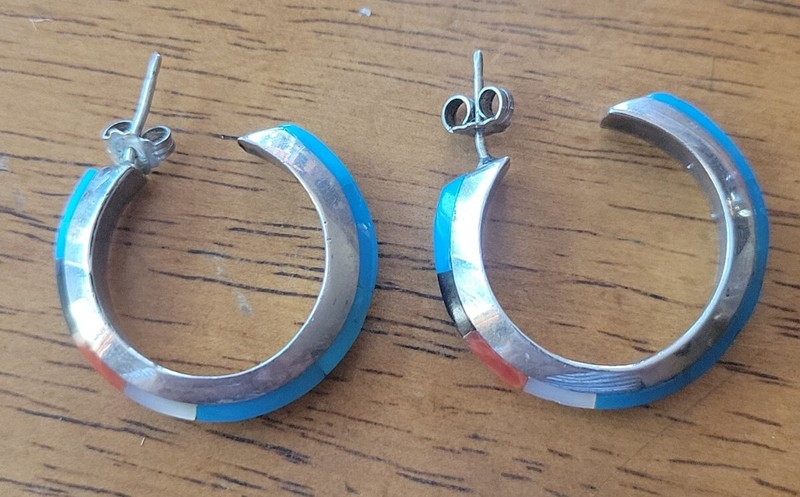 Silver Hoop Earrings with Inlay Turquoise Onyx Red Coral Mother of Pearl