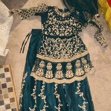 Green Net Salwar Kameez for Women with Gold Embroidery and Dupatta