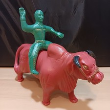 Vintage Plastic Toy Blow Mold Red Bull & Green Rider Cowboy Mañoso Tricky