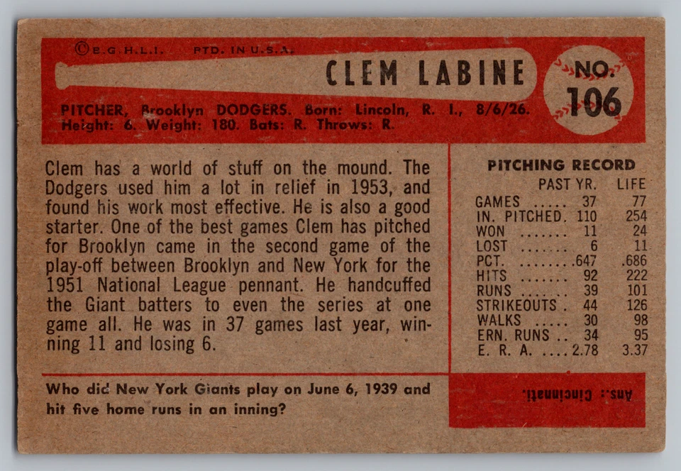 1954 BOWMAN #106 CLEM LABINE BROOKLYN DODGERS - Image 2 of 3