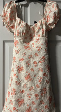 Windsor Floral Jacquard Puff Sleeve Mini Dress Bow Ruffle White Orange Size S