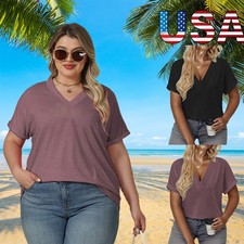 Plus Size Women's V-neck Short Sleeved Solid Color Rolled Up Sleeve T-shirt