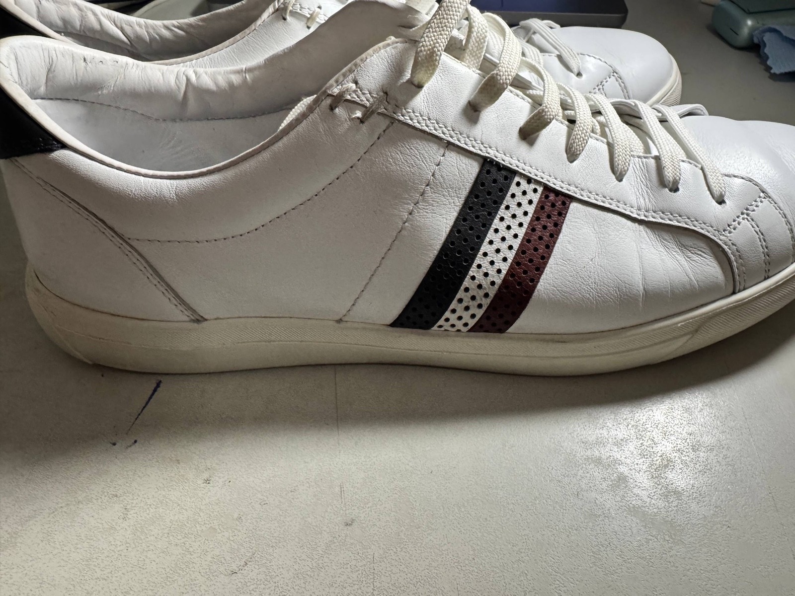 Moncler New Monaco White Leather Sneakers Size 44 EU Tricolor Perforated Mens thumbnail 2