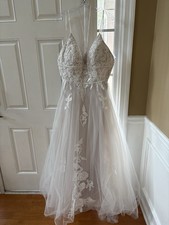 Ivory White Lace Tulle A-Line V Neck Ball Gown  with Embroidery