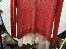 89th & Madison Womens XL Pullover Sweater Chiffon Ruffle Hem V Neck Coral