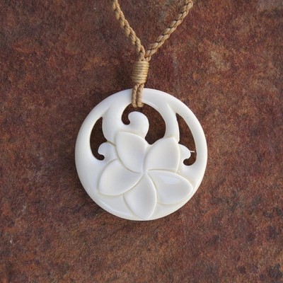 Hawaii Jewelry Ocean Waves Flower Buffalo Bone Carved Pendant Necklace/Choker