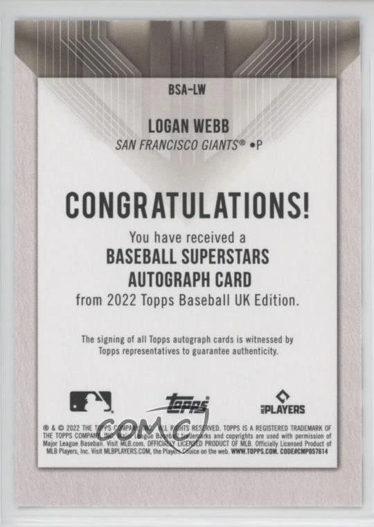 2022 Topps UK Edition Baseball Superstars Auto Logan Webb #BSA-LW Auto - Image 2 of 2