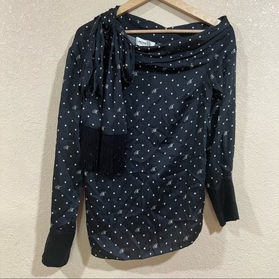 Monse Navy blue M Polka Dot Drape Scarf Long Sleeve Blouse Top WOMENS 10