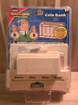 #ad Lowes Build amp; Grow Coin Bank Eductional Wood Set Workshop how to save NEW $13.99