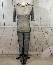 Fashion Nova Maxi Overlay Dress Small Black Sheer Mesh Pearls Whimsigoth Sexy