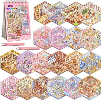 20 Sets DIY 3D Sticker Scene Collection Book, Miniature Cute Cartoon Animal Stic