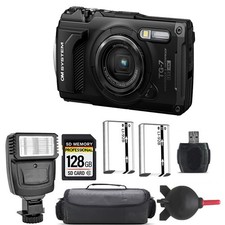 Olympus OM SYSTEM Tough TG-7 Camera Black  Extra Battery  Flash - 128GB Kit