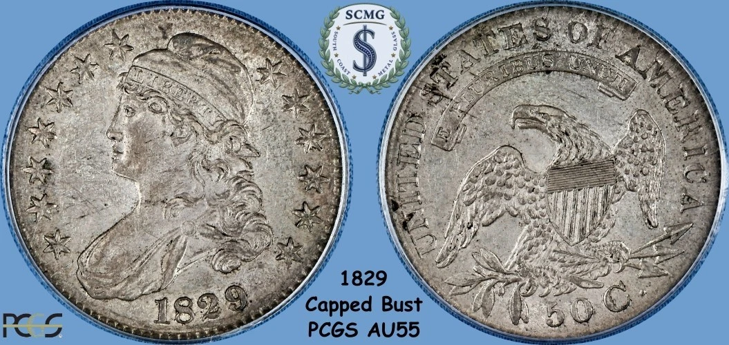 1829 Year Grade AU 55 US Early Half Dollar Coins (1794-1839) for