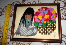 Native American girl with flowers Needlepoint Art Framed Completed 13  X 11"
