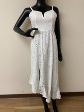 GUESS Women's Cotton White Eyelet Asymmetric Split Neck Midi Dress Size 0 NWT