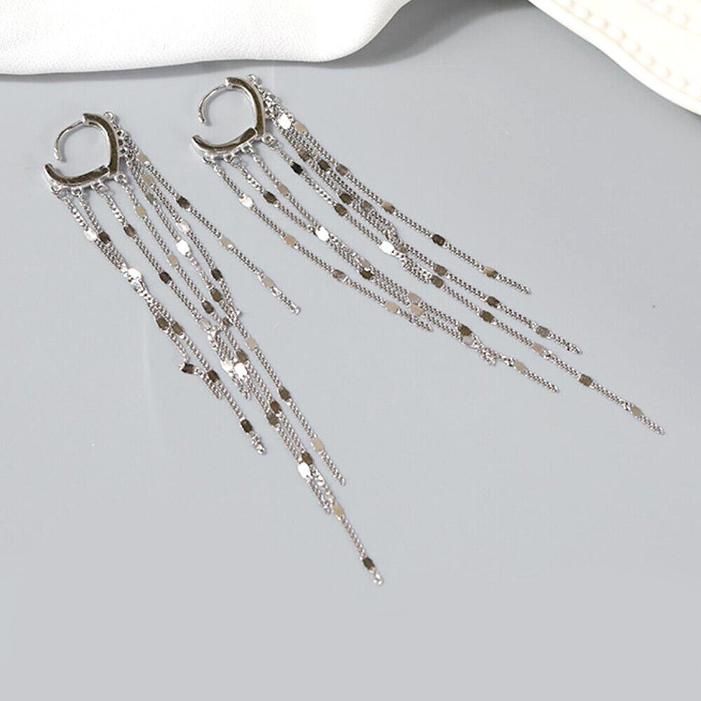 ☆TATIANA☆ Silver 925 Slick Drop Hoop Earrings EC3111 925 Sterling Silver Long Tassel Huggie Hoop Dangle Drop
