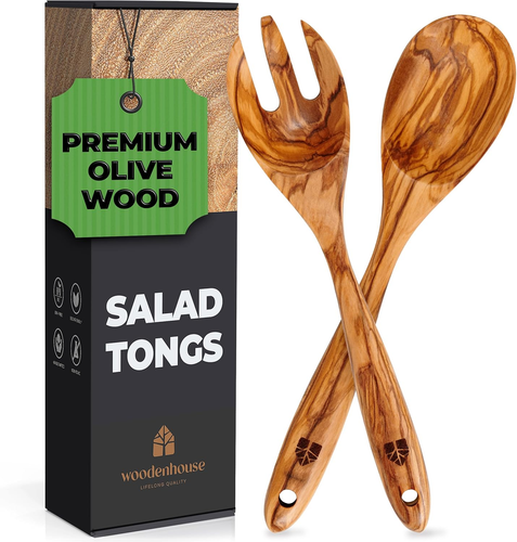 Salad Tongs for Serving, Spoon Salad Utensils Set from Olive Wood, 12 Inches Woo