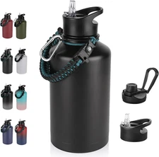 64 Oz Insulated Water Bottle with Straw & Spout Lids, Stainless Steel Metal Half