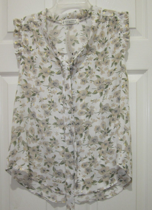 NWT Jon & Anna Women's White/Gold/Green Floral Short Sleeve Blouse/Top Size S