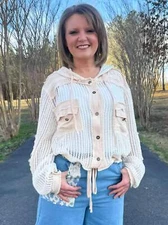 POL brand hooded open knit button down top