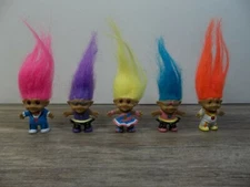 5 Troll dolls small size molded clothing jewels in belly various color hair    S